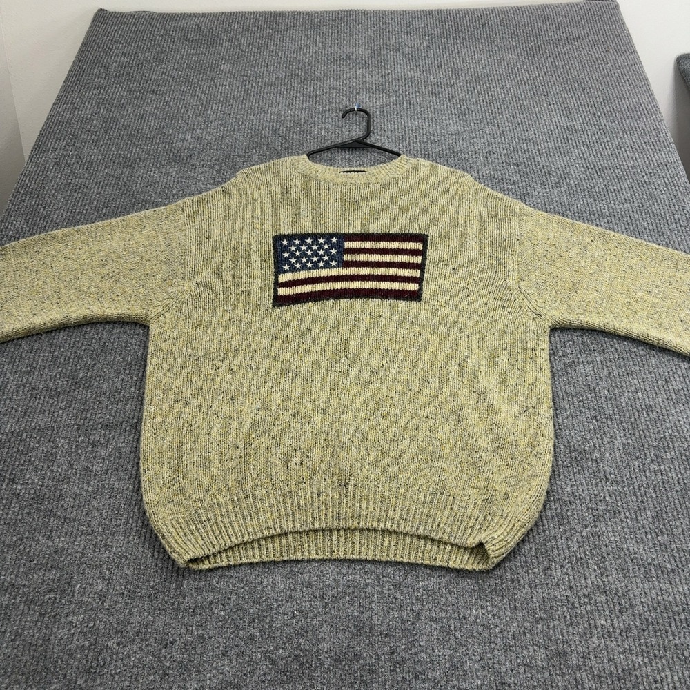 Vintage Cotton Traders Sweater Mens XL Yellow Ramie Wool USA Flag Crewneck Retro